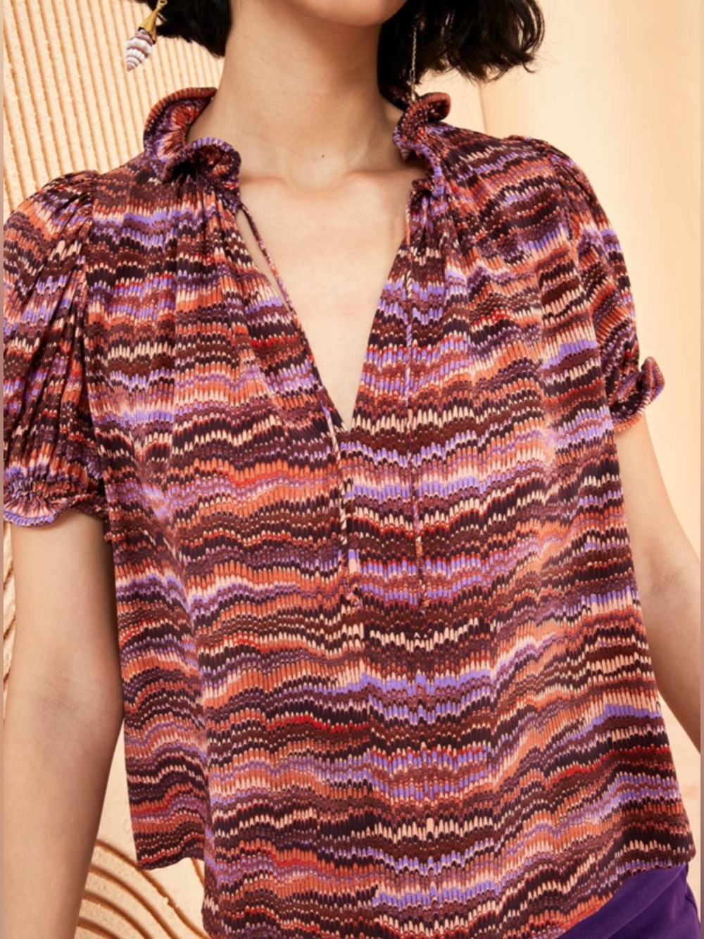 Ulla Johnson Silk Corine Top purple sapphire chevron abstract undulating ruffle